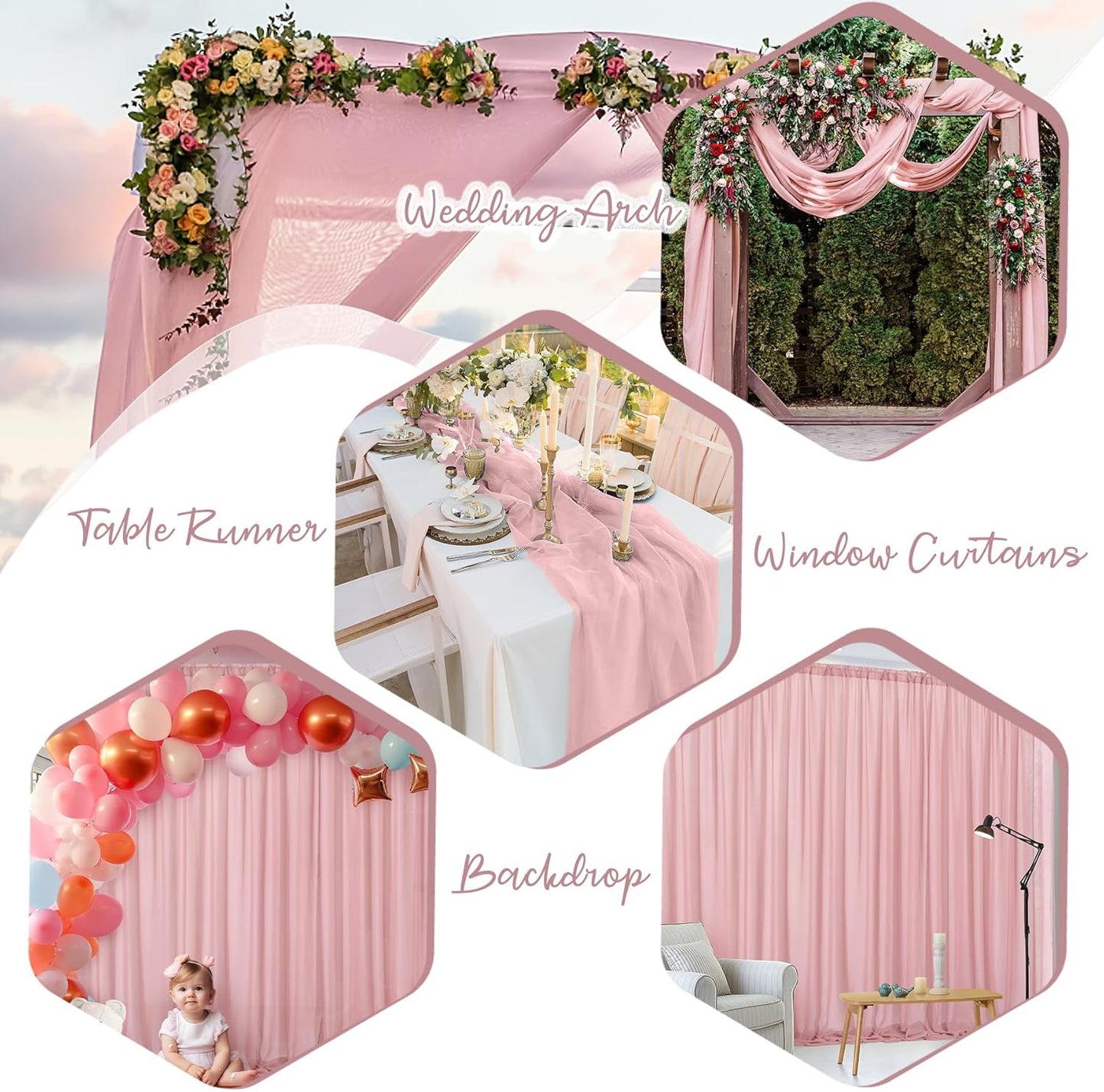 PARTISKY 10ftx10ft Dusty Rose Chiffon Sheer Backdrop Curtains, Wrinkle-Free Wedding Backdrop Drapes for Birthday Party Ceremony Arch Stage Decor Background for Photography 5ft x 10ft,2 Panels