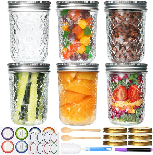 Mason Jars 16oz,Canning Jars with Metal Airtight Lids and Bands,Wide Mouth Mason Jars Ideal for Spice, Jam, Honey, Jelly, Yogurt, overnight oats,Meal Prep, Wedding Favors,6Pack