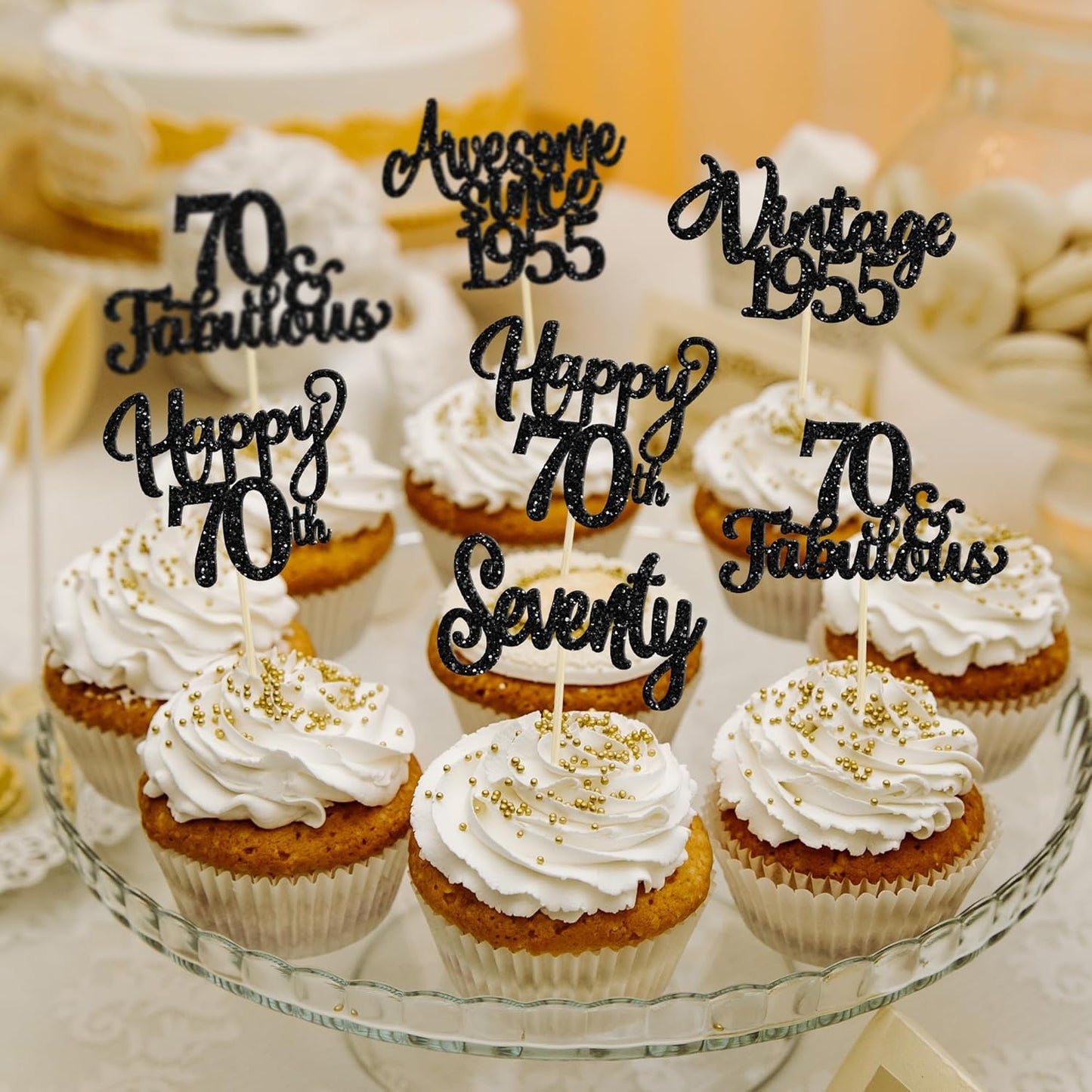30Pcs Happy 70th Birthday Cupcake Toppers Glitter Seventy Vintage 1955 Cupcake Picks Cheers to 70 Fabulous Cake Decorations for 70th Birthday Wedding Anniversary Party Supplies Black