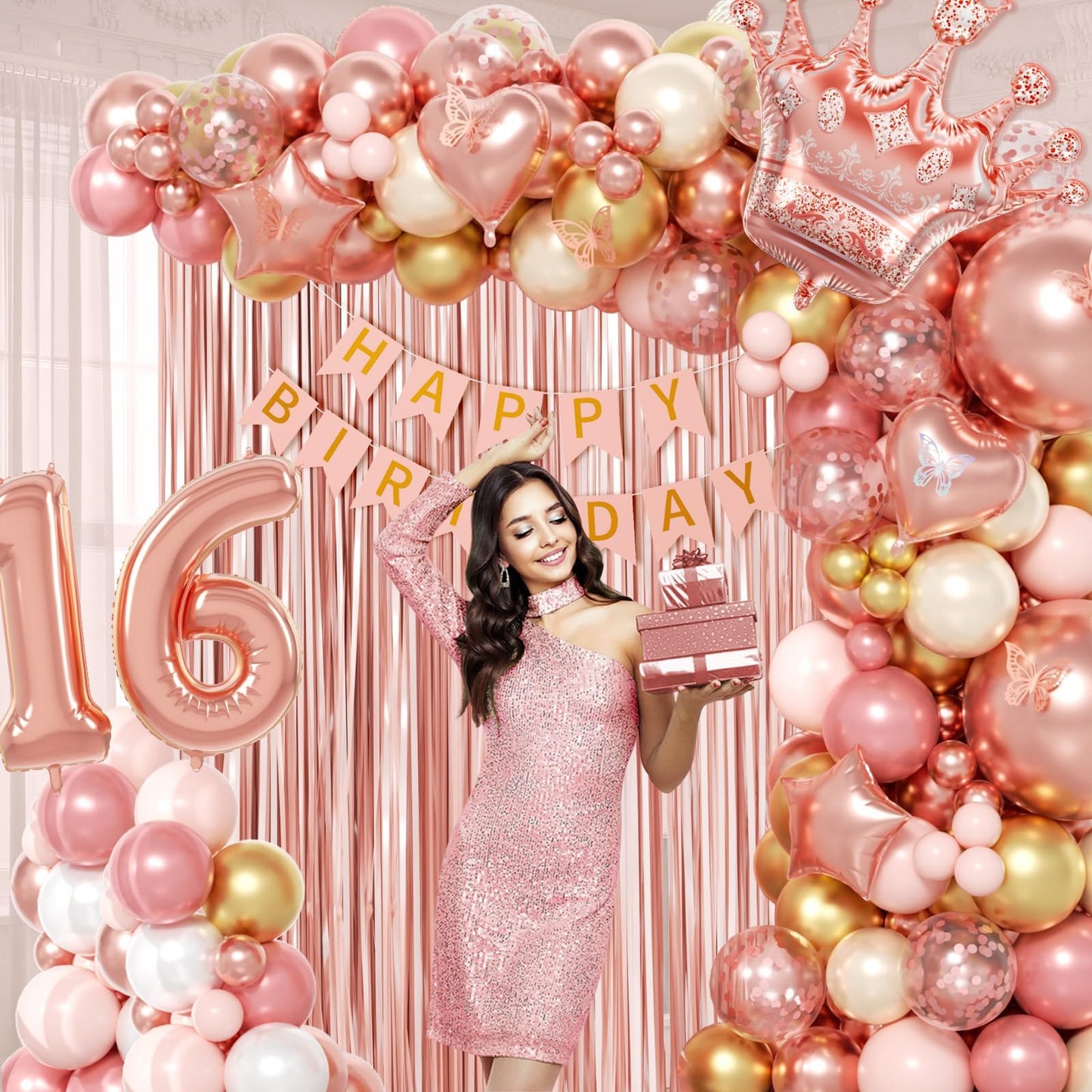 123pcs Sweet 16 Party Decorations with Rose Gold Pearl and White Balloons