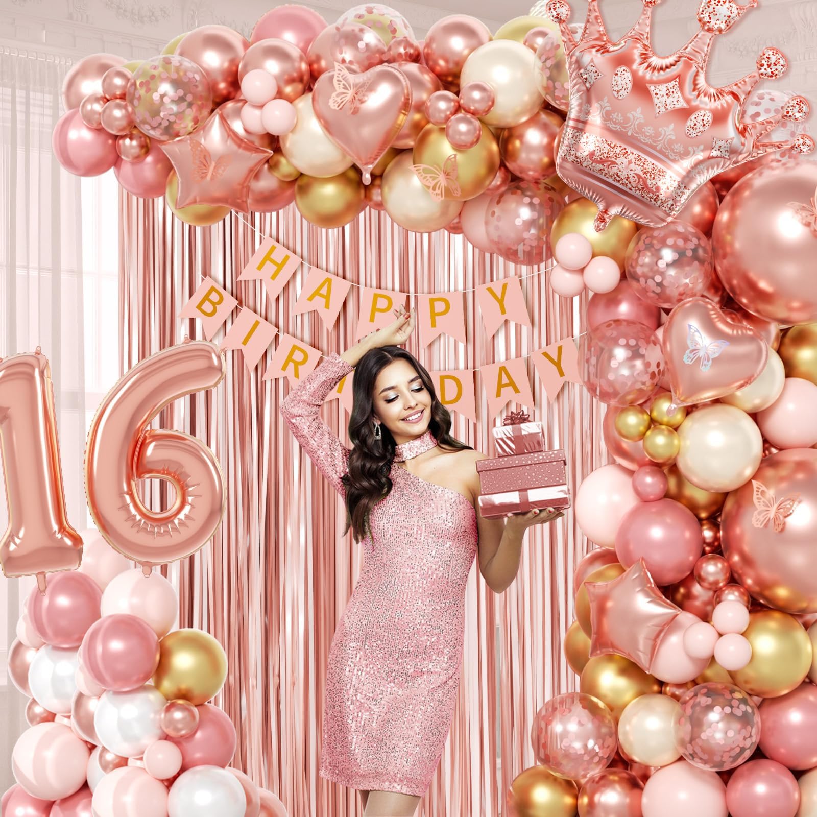 123pcs Sweet 16 Party Decorations with Rose Gold Pearl and White Balloons