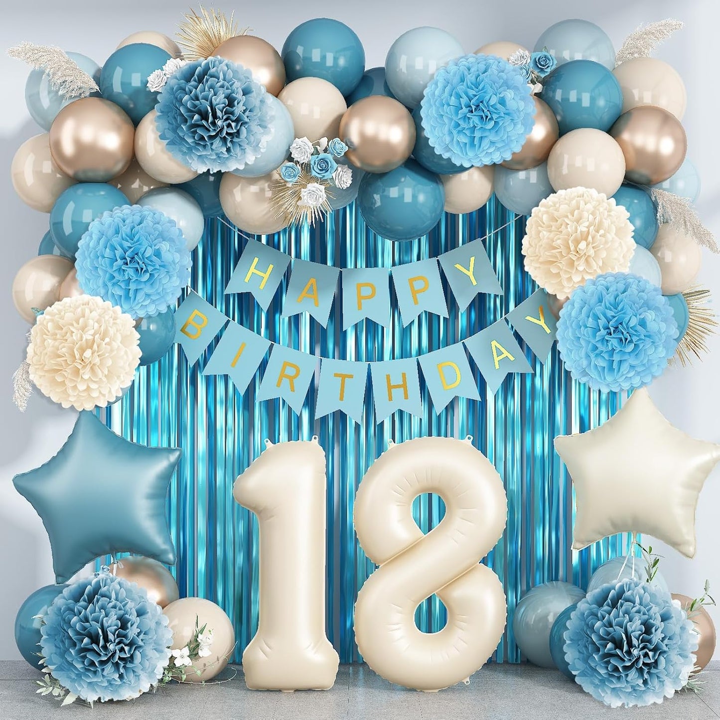 Dusty Blue 18th Birthday Party Decorations Boys Girls Beige Cream Number 18 Balloon with Blue Gold Happy Birthday Banner Fringe Curtain Paper Pom Poms Nude White Sand Champagne Star Foil Balloons