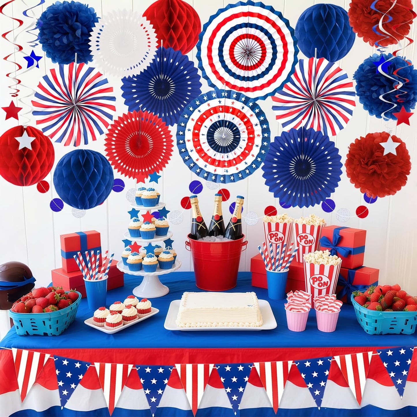24PCS Patriotic Decorations 4th of July Decorations Set Red White Blue Hanging Paper Fans USA Flag Pennant Pom Poms Hanging Swirls Party Supplies for Memorial Day Independence Veterans