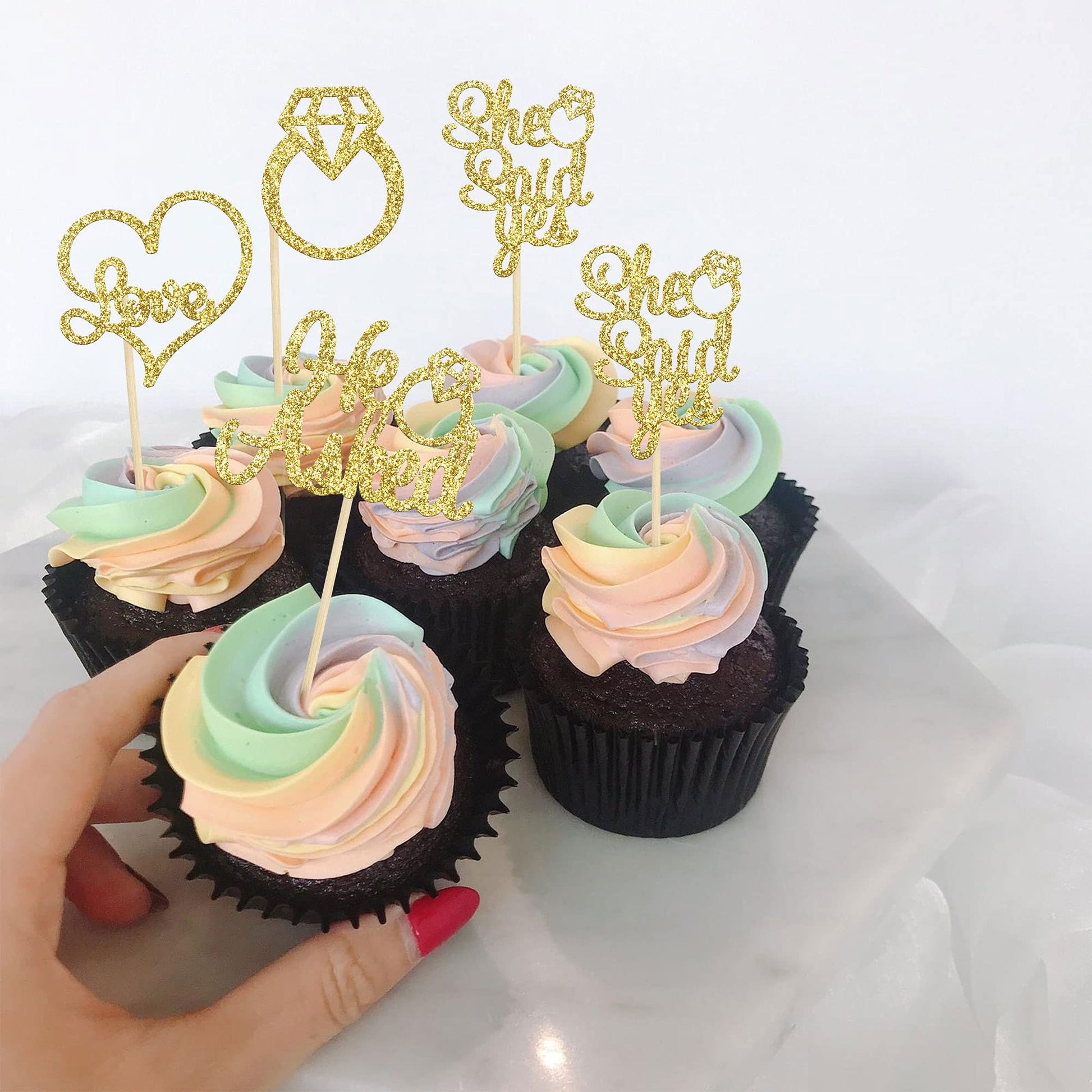 Gyufise He Asked She Said Yes Cupcake Toppers Gold Glitter Diamond Ring Heart Love Cake Picks for