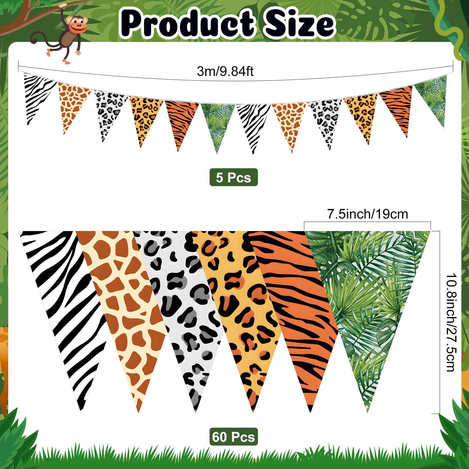 Tiamon 5 Pcs Jungle Safari Animal Banner 49.2 Ft Triangle Flags Party