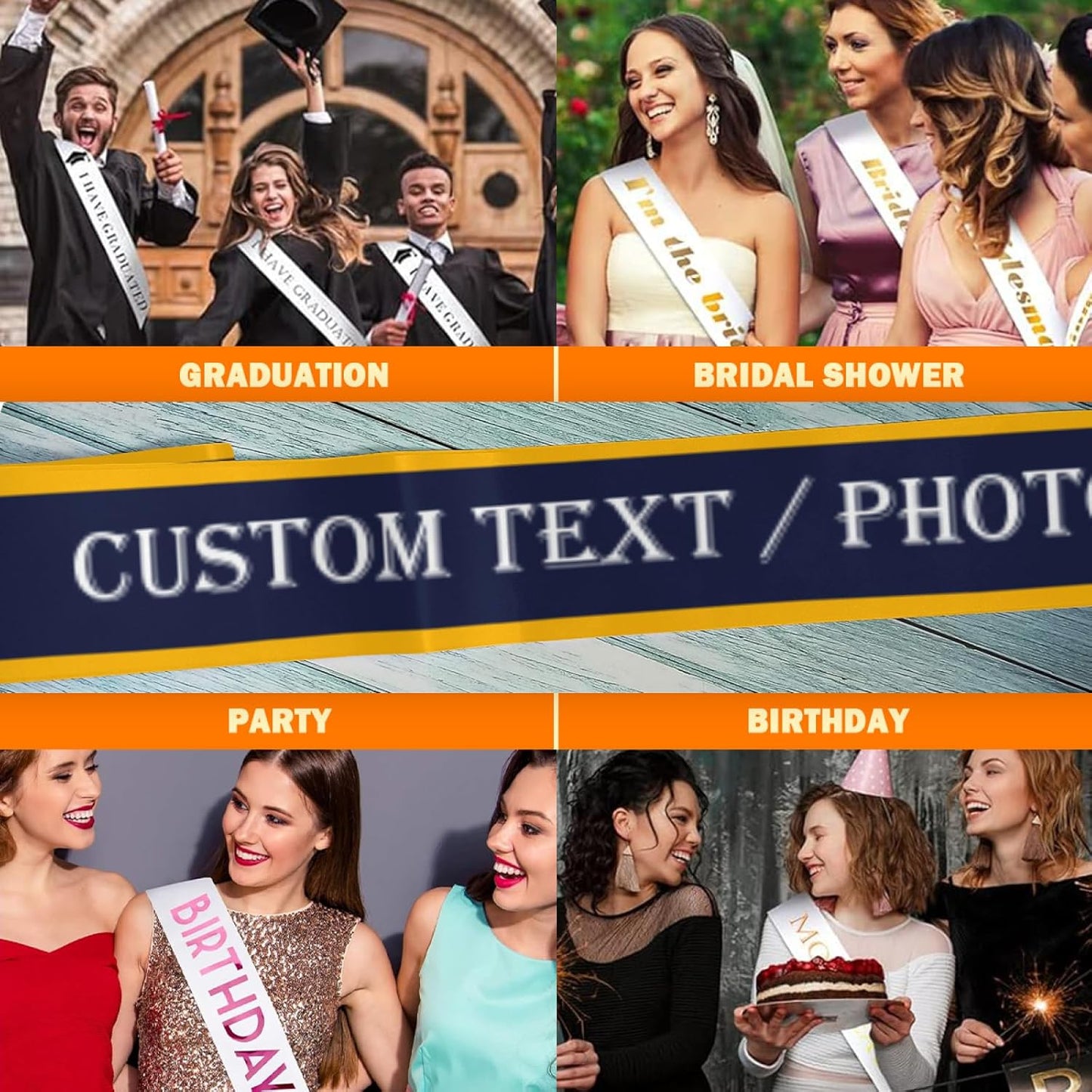 Custom Sash,Personalized Birthday Sash with Text Photo,Customized Bachelorette Sash Quote Sash Bride to Be Sash Color Optional (With decorative edge, Dark Blue)