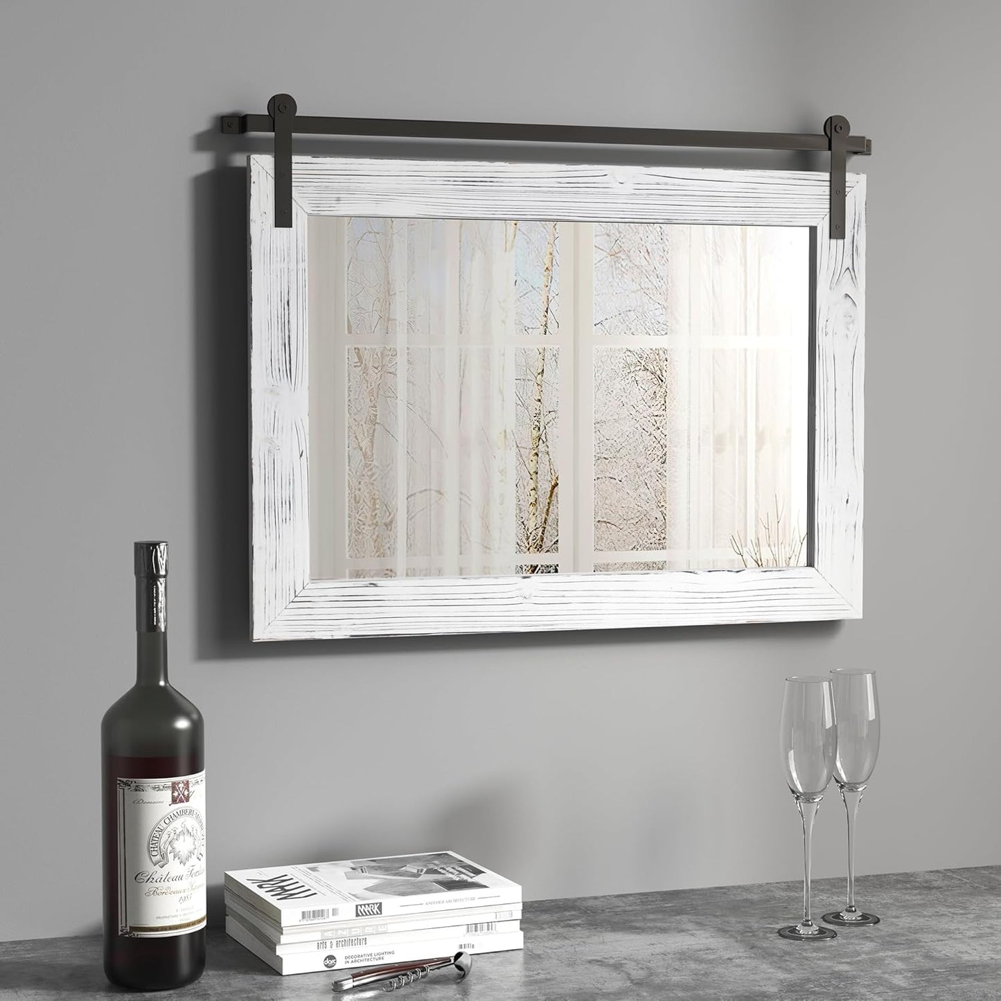 COGOOD Farmhouse Barn Door Mirror - 28" x 20" Rustic Wood Framed Wall Mirror for Bathroom, Living Room, Entryway Wall Decor (White)