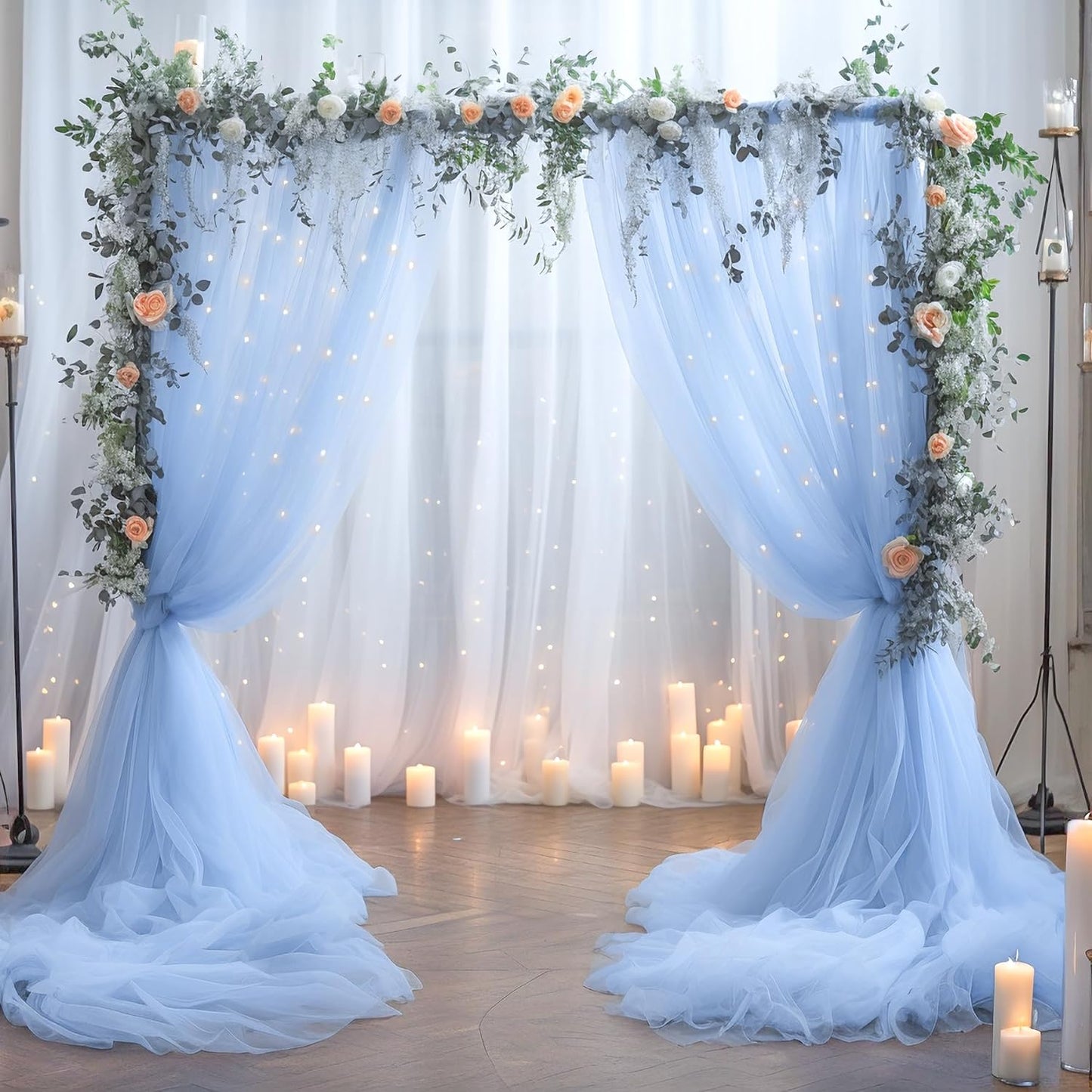 Blue Tulle Backdrop Curtains with Lights String for Parites Baby Shower 30×10ft Blue Sheer Backdrop Curtains Drapes for Bridal Shower Birthday Party Photo Shoot Background Decorations(6 Panels 5×10ft)