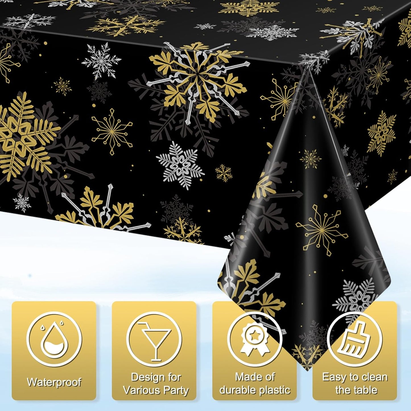 6Pcs Christmas Snowflake Party Tablecloths Decorations,Plastic Black and Gold Table Cloth,Winter Rectangle Table Cover for Christmas New Year Birthday Baby Shower Holiday Party Decorations,54x108 inch