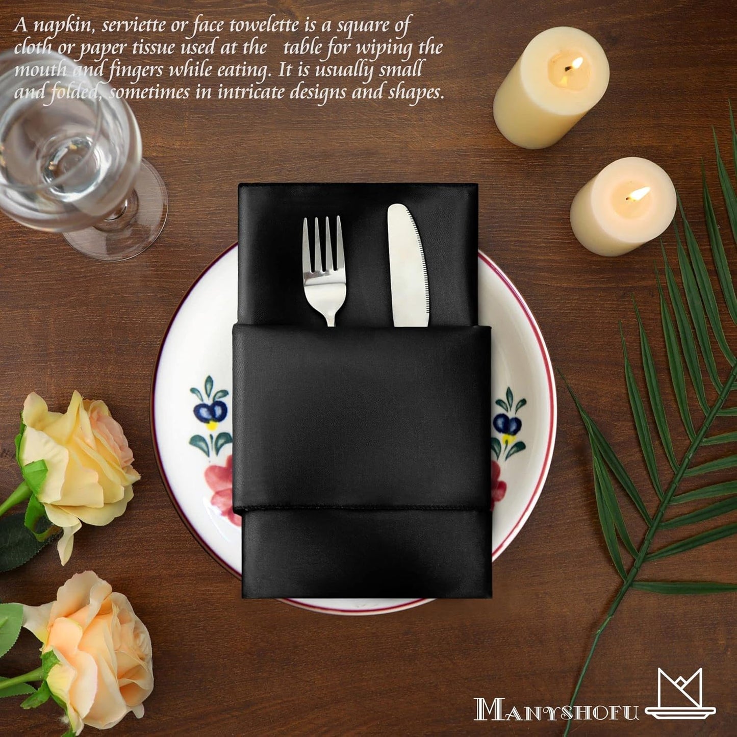 Manyshofu 60 Pieces Black Satin Napkins - 20x20 Inches Cloth Napkins, Square Satin Fabric Napkins Set - Elegant & Reusable Table Napkins for Wedding Dinner Party Lunch Banquet Restaurant Decoration