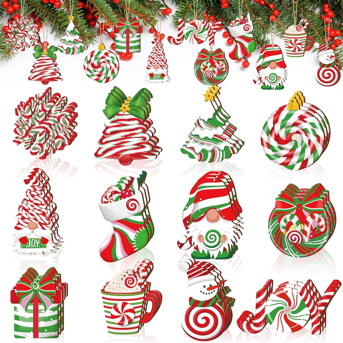 Suzile 36 Pcs Christmas Wooden Ornaments Peppermint Ornaments for Tree Vintage Christmas Decor Red and Green Candy Cane Tree Decorations Xmas Hanging Wood Cutouts Decor for Home Winter Party Wreaths