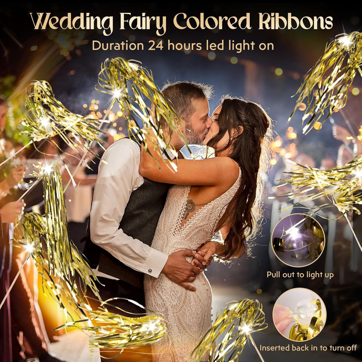 100 pcs Wedding Wands Light up with LED Tinsel Wedding Streamers for Wedding Send off and Greeting Ideal Props for Weddings, Birthday Parties, Christmas Cheerleading Games (Gold)