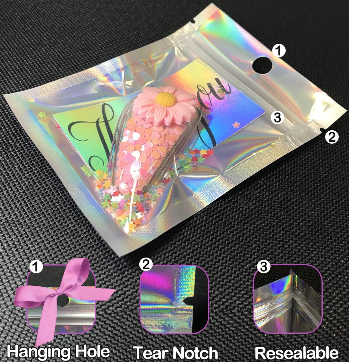 Resealable Foil Pouch Bag [100 PCS ] Great for Party Favor Food Storage (Holographic Color, 3 x 4 Inch)