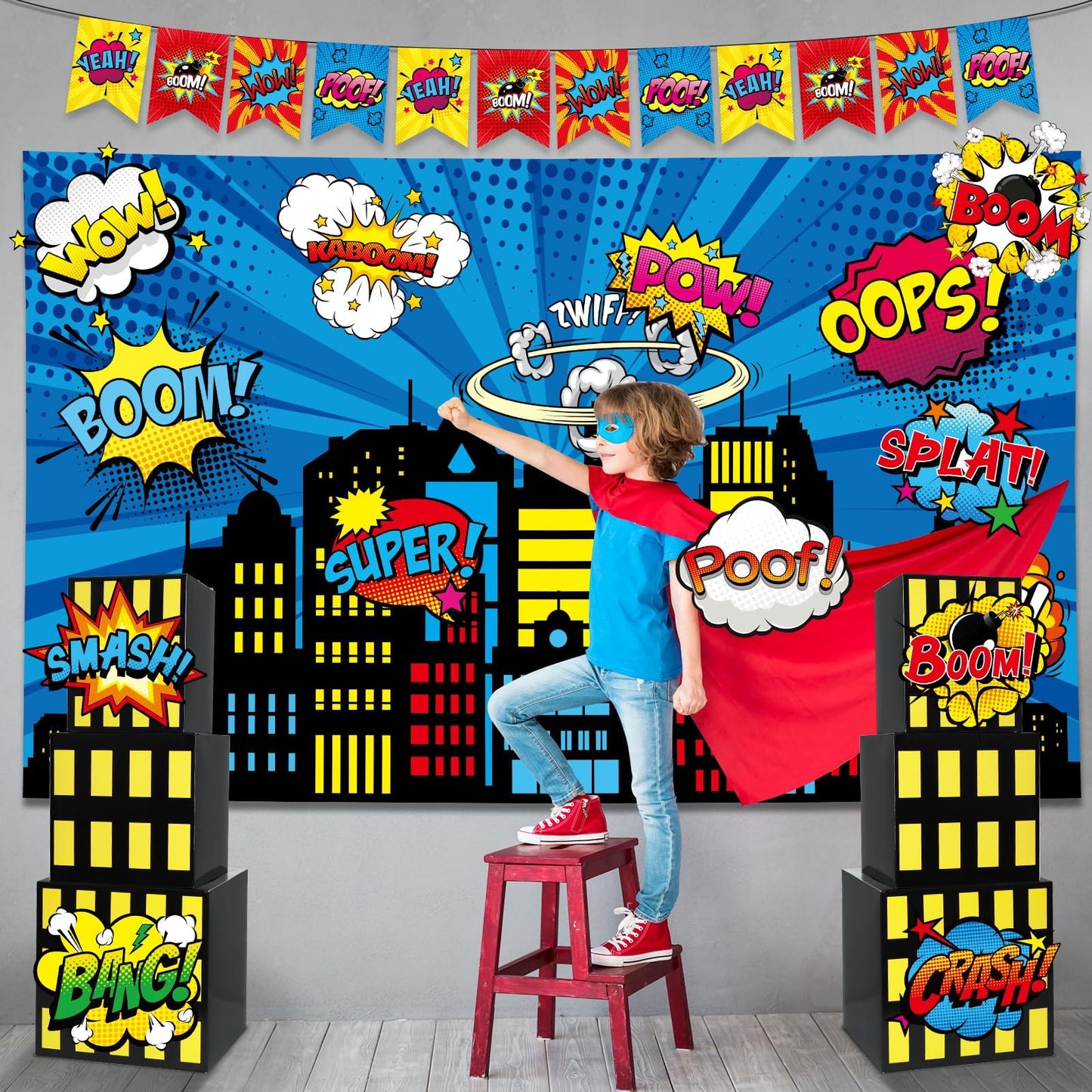 17Pcs Super Theme Hero Party Photography Backdrop for Hero Birthday Decorations with Hero