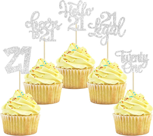 30pcs 21st Birthday Cupcake Toppers - Twenty One Legal 21st Cupcake Picks - Cheers to 21 Years Old - Silver Glitter Cake Decorations