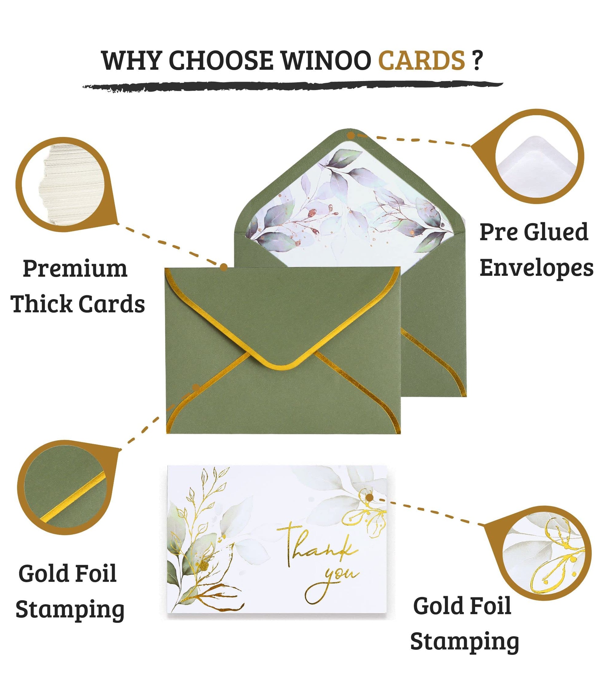 Winoo Design 100 PK Luxurious Gold Thank You Cards with Envelopes Bulk Sage Green - 5x3.5 Inches