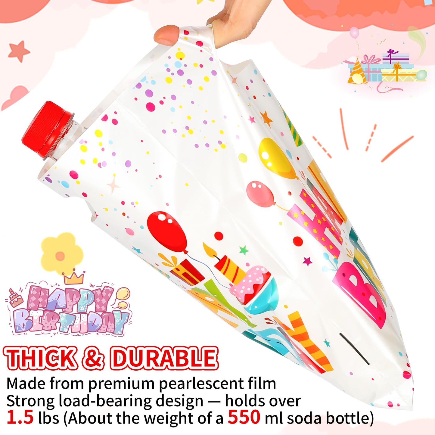 50 PCS Birthday Party Favor Bags - 6.5 x 9.8 Inch Happy Birthday Goodie Bags with Handles - Plastic