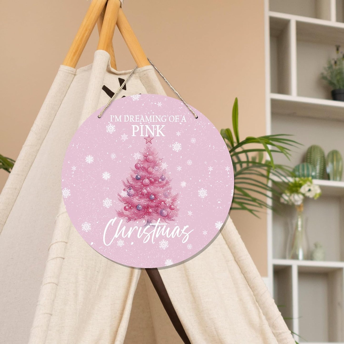 CGBHW Pink Christmas Tree Wooden Sign, Winter Holiday Theme Hanging Sign Wall Decor for Girls Room Home College, Aesthetic Christmas Xmas Snowflake Door Decor 12 x 6 Inch
