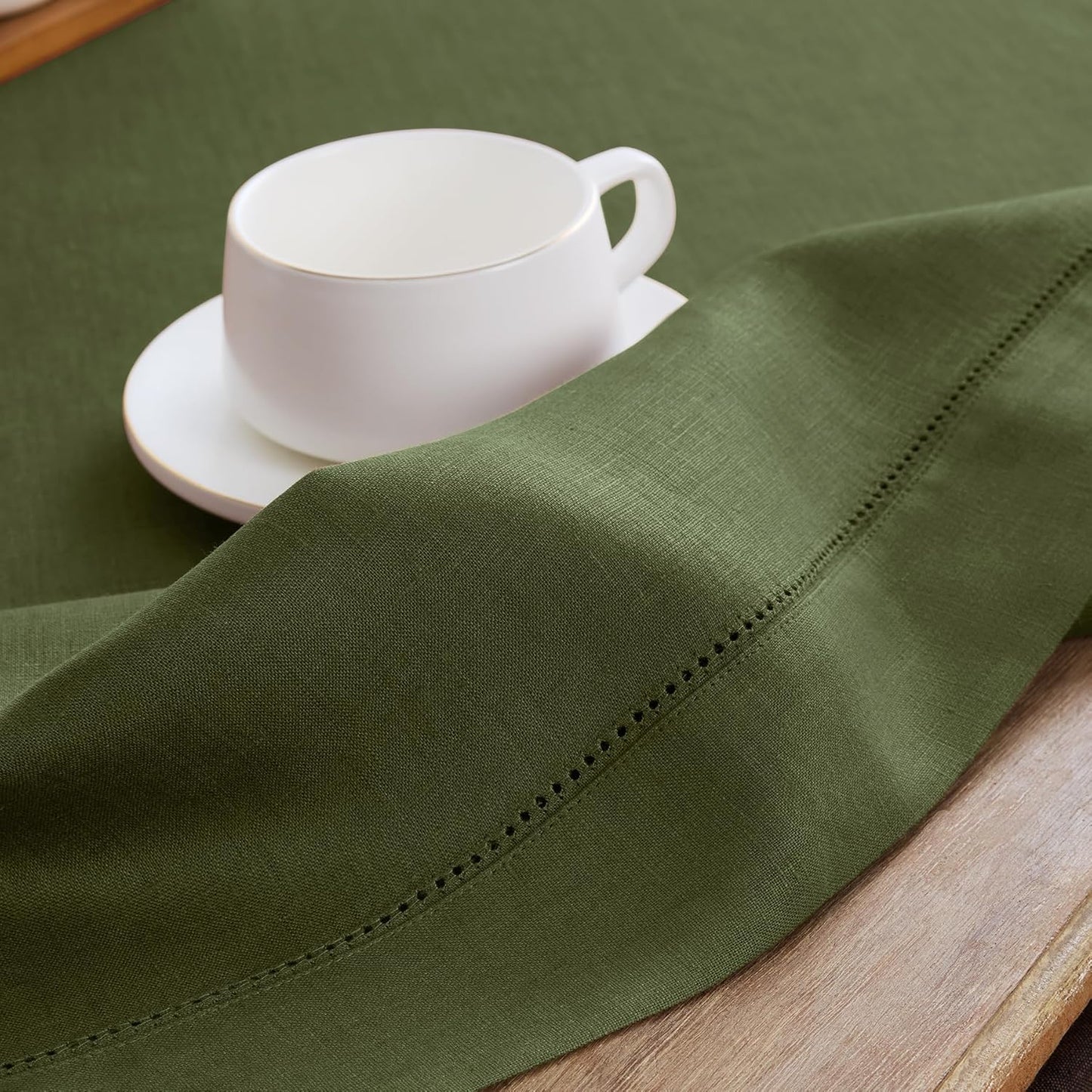 Solino Home Olive Linen Tablecloth 60 x 120 Inch - 100% Pure Linen Hemstitch Table Cloth for Rectangle Tables - Classic Hemstitch, Machine Washable Tablecloth for Fall, Autumn, Thanksgiving