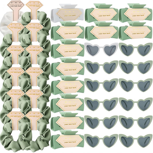 36pcs Bridesmaid Scrunchies Proposal Gifts Bachelorette Hair Claws Clips Girls heart sunglasses for Wedding Party Favors (White&Sage Green)
