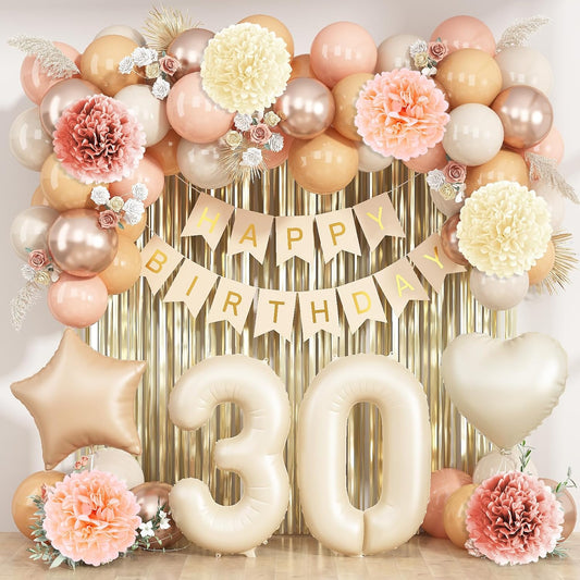 Beige 30th Birthday Decorations for Her Cream Number 30 Balloon Nude Gold Happy Birthday Banner Fringe Curtain Paper Pom Poms Blush White Sand Champagne Star Foil Balloons Neutral Boho Party Decor