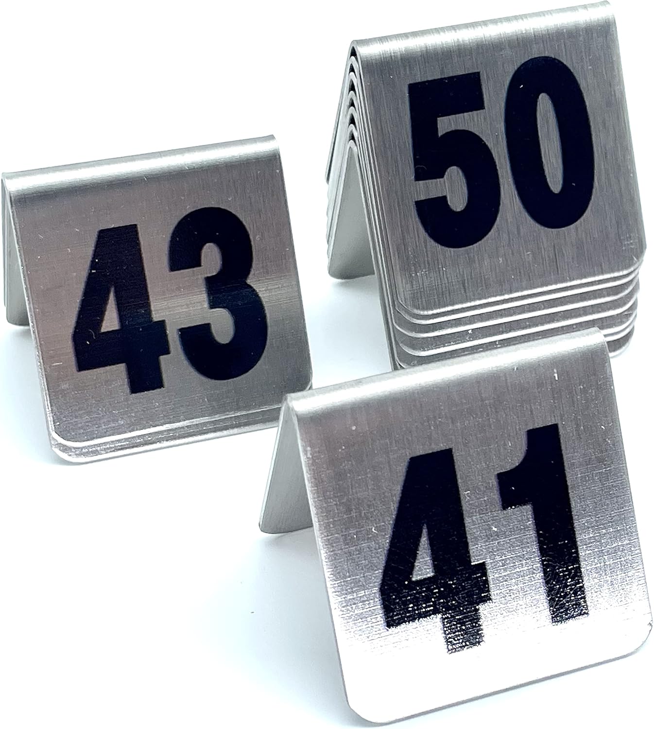 10 Pcs Metal Place Cards Stackable Tent Style Table Numbers，Place Card Holders for Celebration Wedding Party Restaurants Cafes Bars Gatherings meeting Room Board Game Serial (Small 41-50, Black)