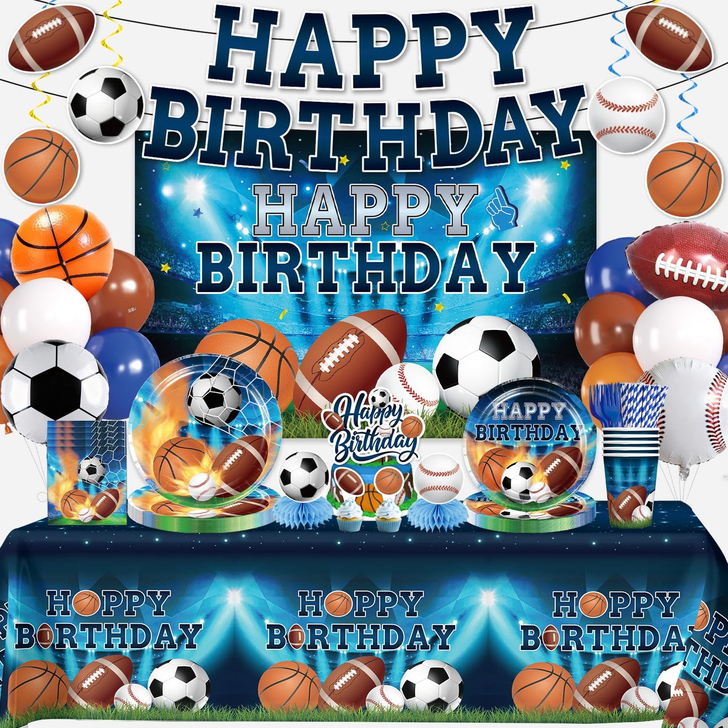 222Pcs Sports Birthday Party Decorations Tableware Set, 25 Serves