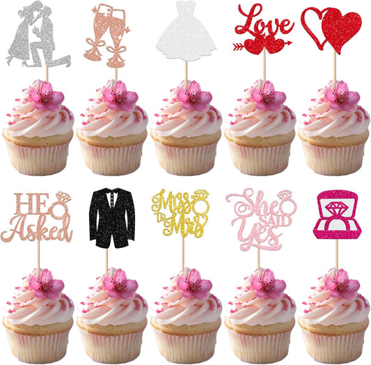30 Pack Bride to be Cupcake Toppers Glitter Diamond Ring Love I Do Cupcake Picks Miss to Mrs He Asked She Said Yes Bridal Shower Wedding Engagement Bachelorette Cake Decorations Party Colorful