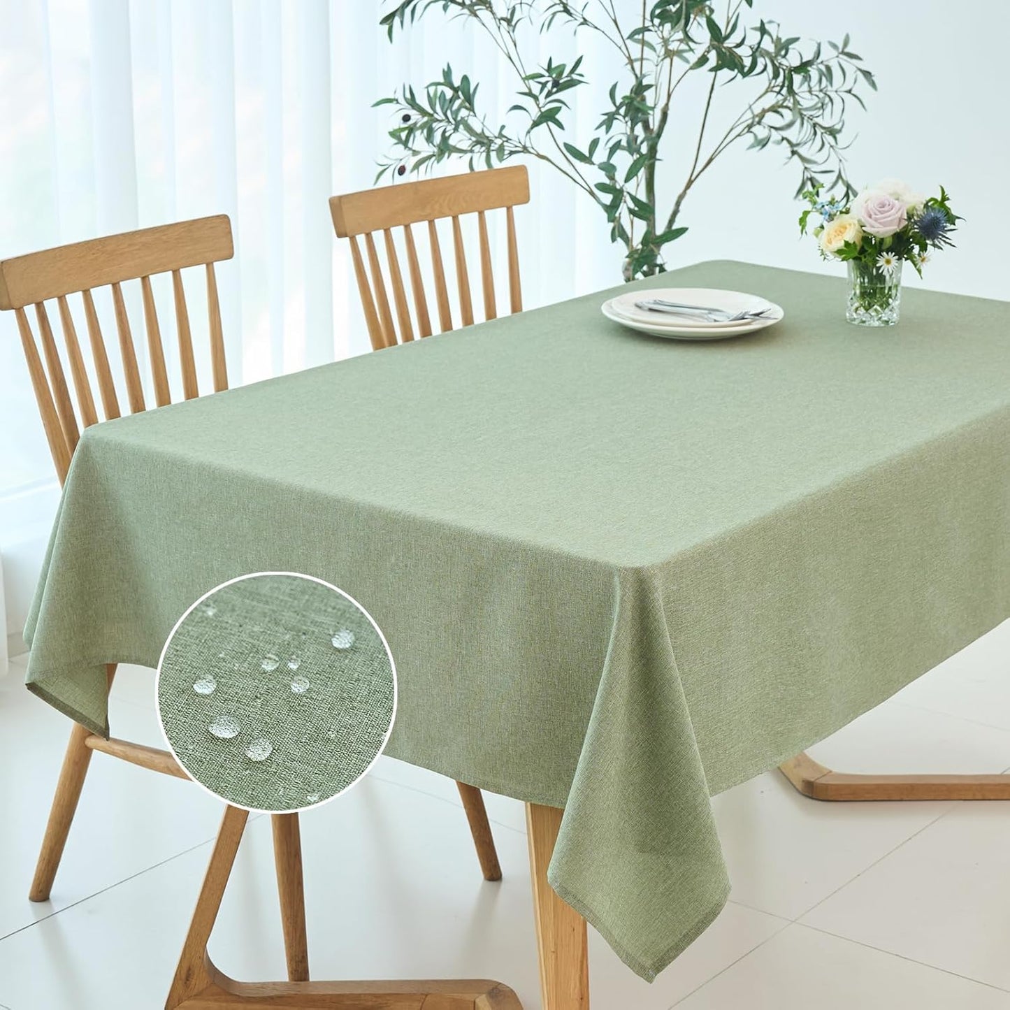 maxmill Linen Textured Rectangle Tablecloth Water Resistant Wrinkle Free Spill-Proof Stain Proof Table Cloth for Dining Room Decoration Banquet Party Wedding Holiday Dinner, 52 x 84 Inch Sage Green
