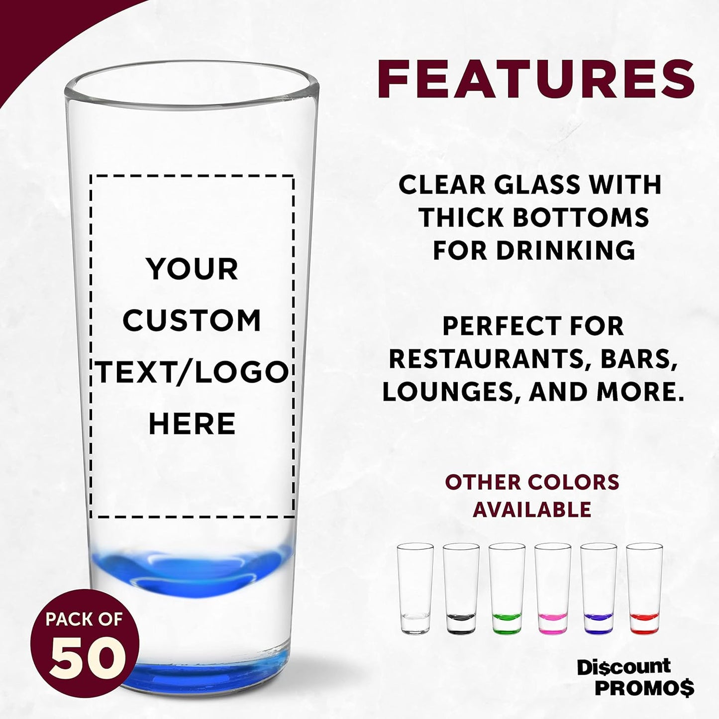 Custom Cordial Shooter Shot Glasses 2 oz. Set of 50, Personalized Bulk Pack - Great for Birthdays, Parties, Indoor & Outdoor Events - Blue
