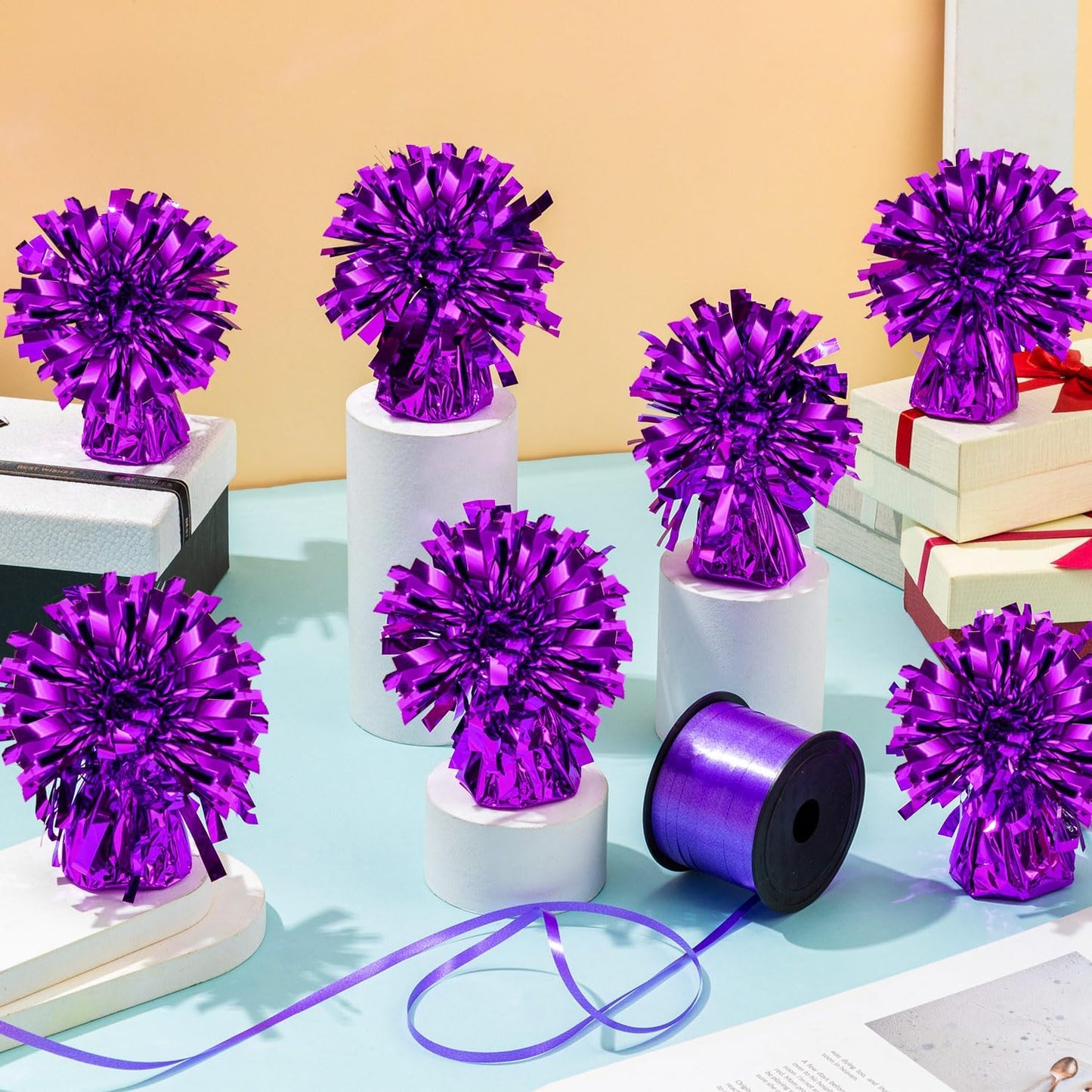 24 PCS Balloon Weights Metallic Anchor, Balloon Holder Heavy Weights with 1 Roll Purple Crimped Ribbon for Balloons Table Party Favor Birthday Decor(Purple)