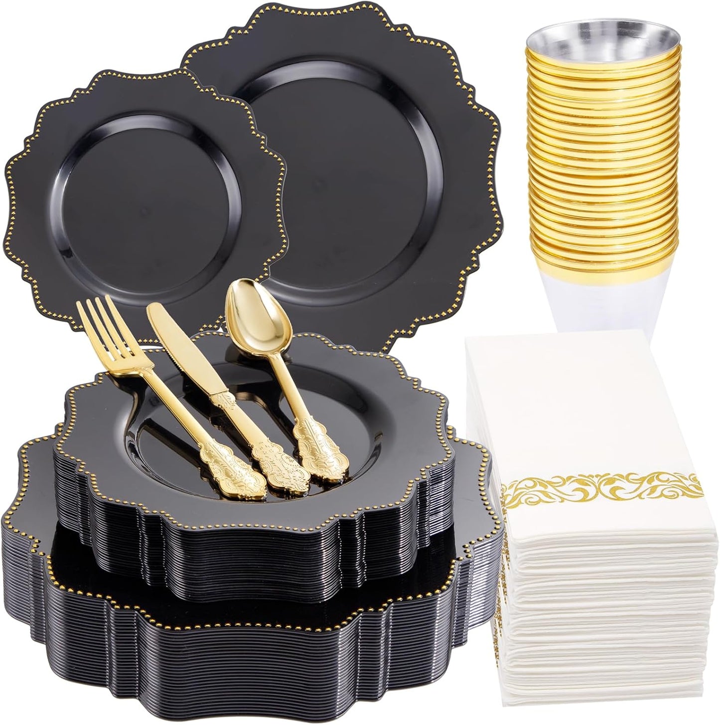 COLOSUS 175PCS Black Dinnerware set with Disposable Silverware for 25guests, Include 50 Dinner Plates 10.25”, 50 Dessert Plates 8.5”, 50 Cups 9 OZ, 50 Napkins,50 Plastic Silverware for Halloween Party