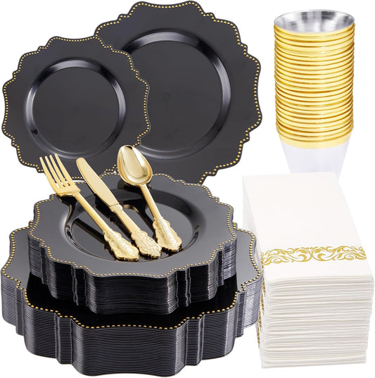 COLOSUS 175PCS Black Dinnerware set with Disposable Silverware for 25guests, Include 50 Dinner Plates 10.25”, 50 Dessert Plates 8.5”, 50 Cups 9 OZ, 50 Napkins,50 Plastic Silverware for Halloween Party