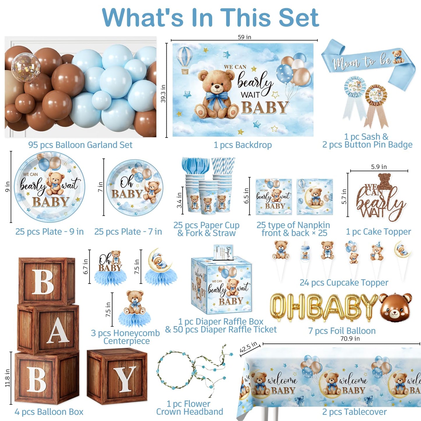 213Pcs cocomigo Blue Baby Boy Shower Decorations Tableware Set, 25 Serves
