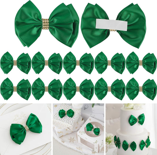 Hunter Green Ribbon Bows 4'' Premade Satin Bow, Gift Bows with Rhinestone, Wrapping Bows for Presents, Greeting Cards, Treat Bags, Wine Bottles, Valentines Bows for Gift Wrapping-12 Counts