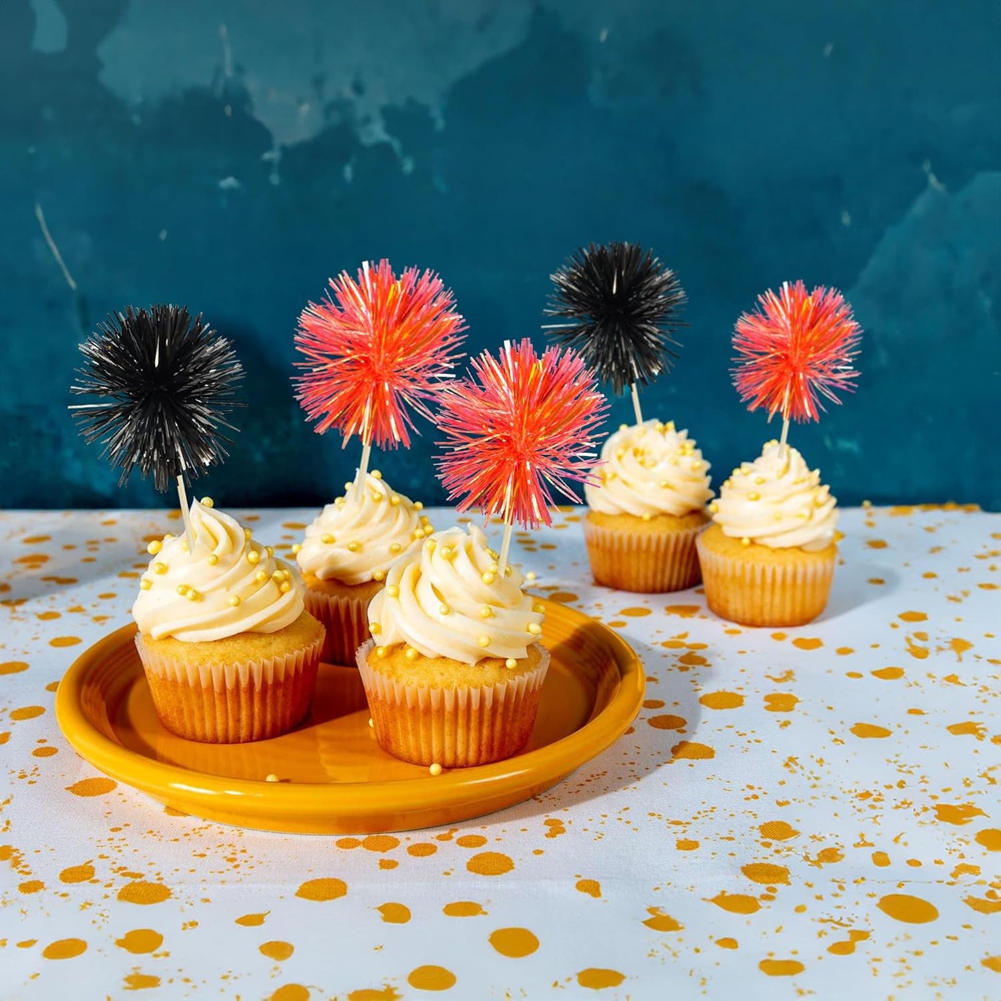 Gyufise 30Pcs Foil Firework Cupcake Toppers Sparkle Tinsel Cake Toppers Tinsel Drink Cake Decoration Cocktail Picks for Birthday Wedding Graduation Party Supplies Black Orange