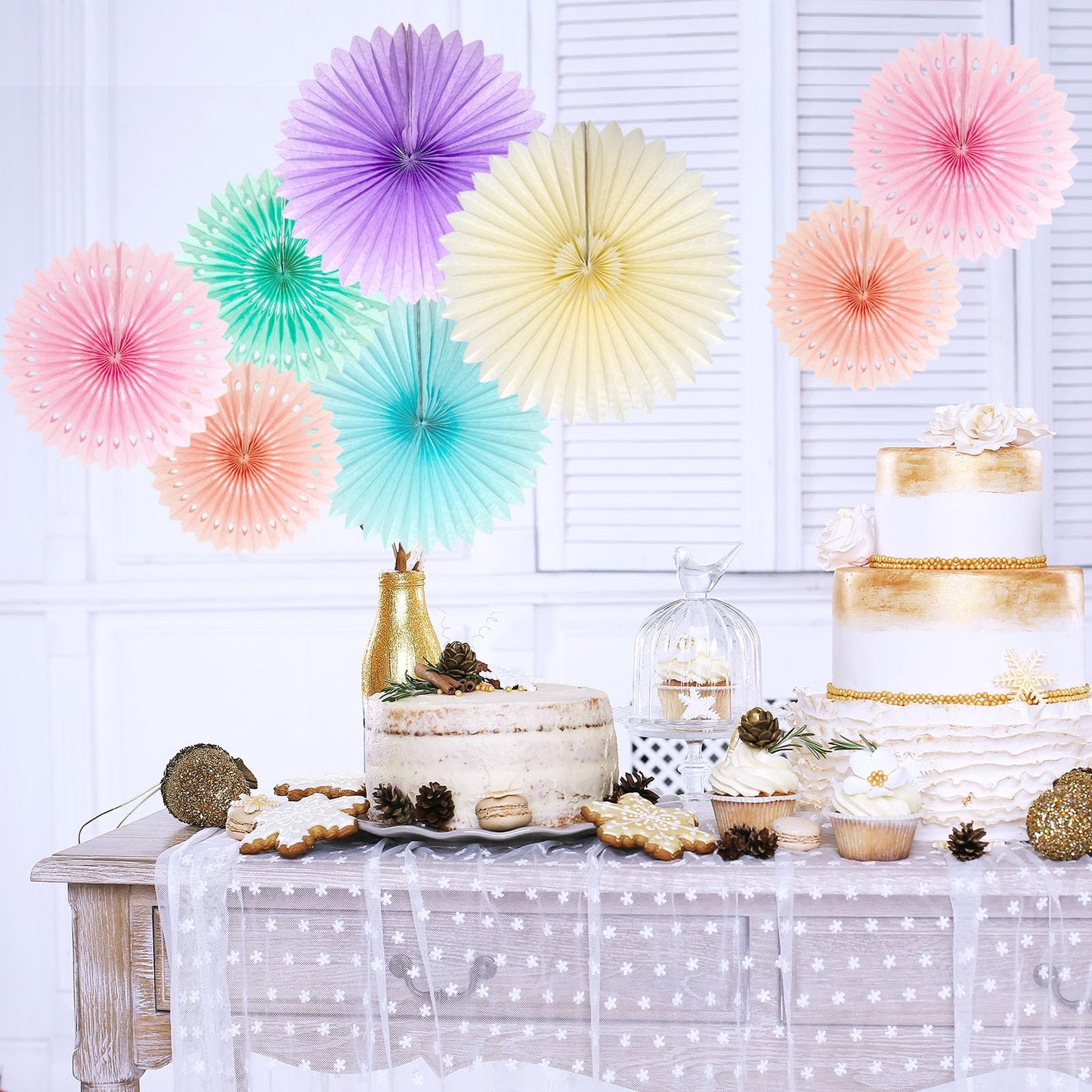 ANSOMO Pastel Rainbow Paper Fans Party Decorations Colorful Ice Cream Easter Macaron Wall Hanging