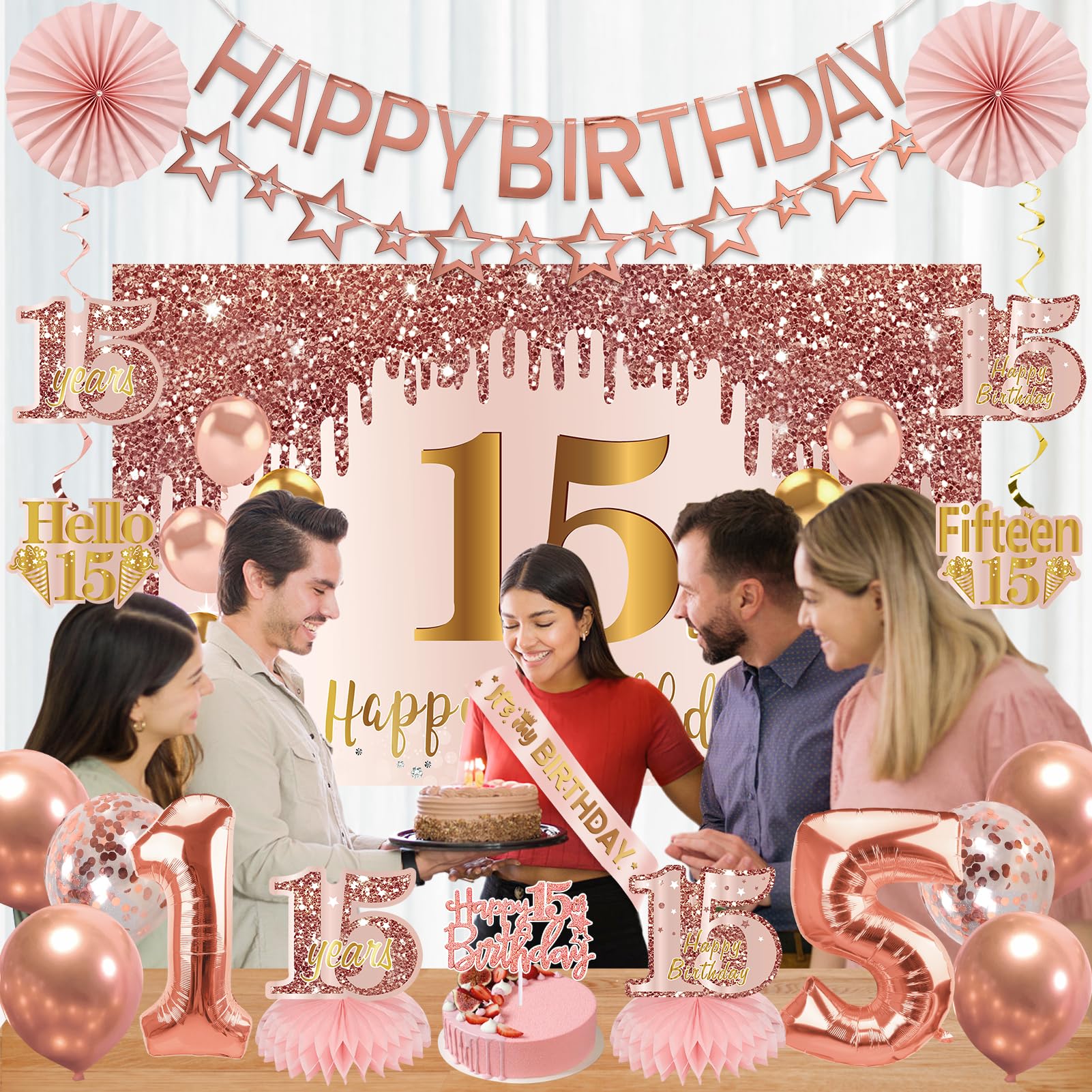 Turypaty Happy 15th Birthday Decorations Kit Girls, Pink 15 Party Supplies