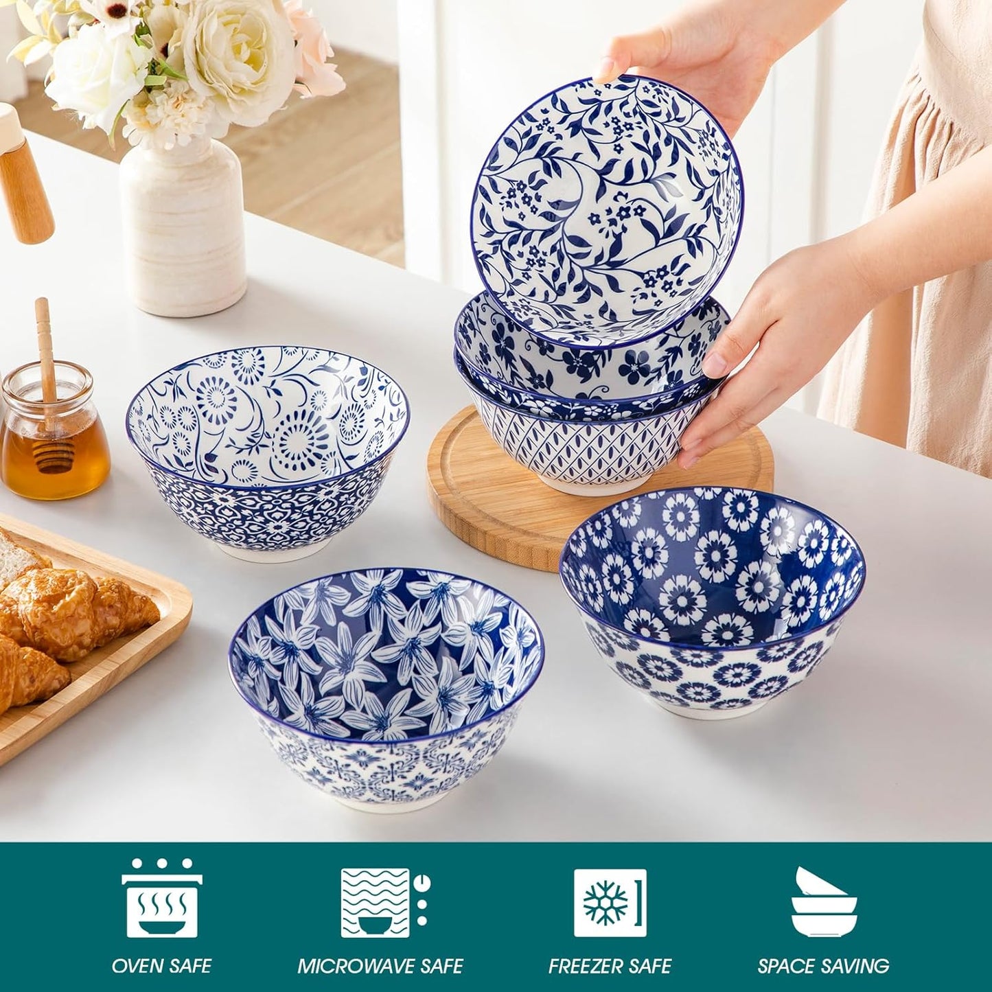 vancasso SELENE 24 oz Cereal Bowls set of 6, Ceramic Soup Bowls for Kitchen, Dishwasher & Microwave Oven Safe- for Cereal, Soup, Pasta, Salad, Blue & White Floral Design Bowl Set