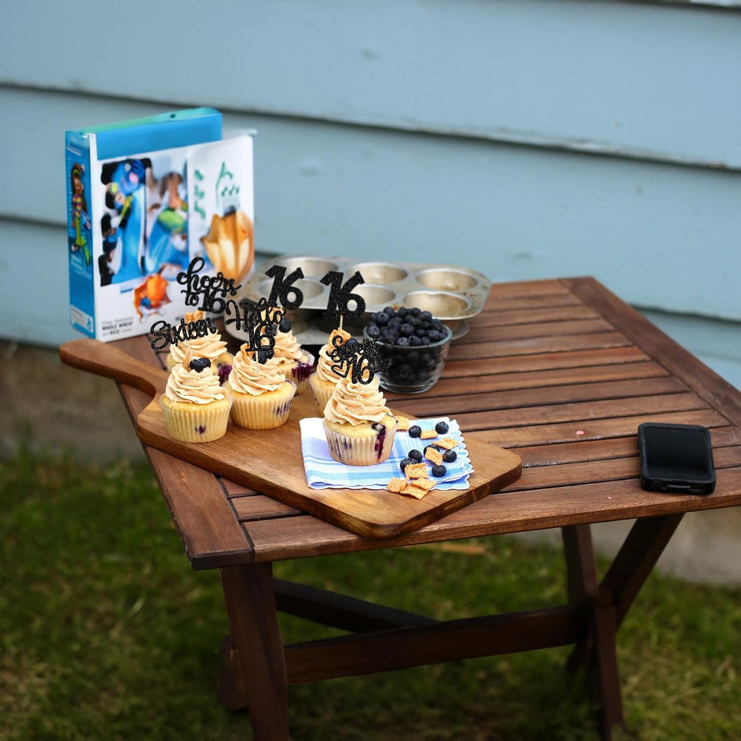 30pcs 16th Birthday Cupcake Toppers - Sixteen Happy Cupcake Picks, Cheers to 16 Sweet 16 Cake Decorations for 16th Birthday Party Supplies - Black Glitter