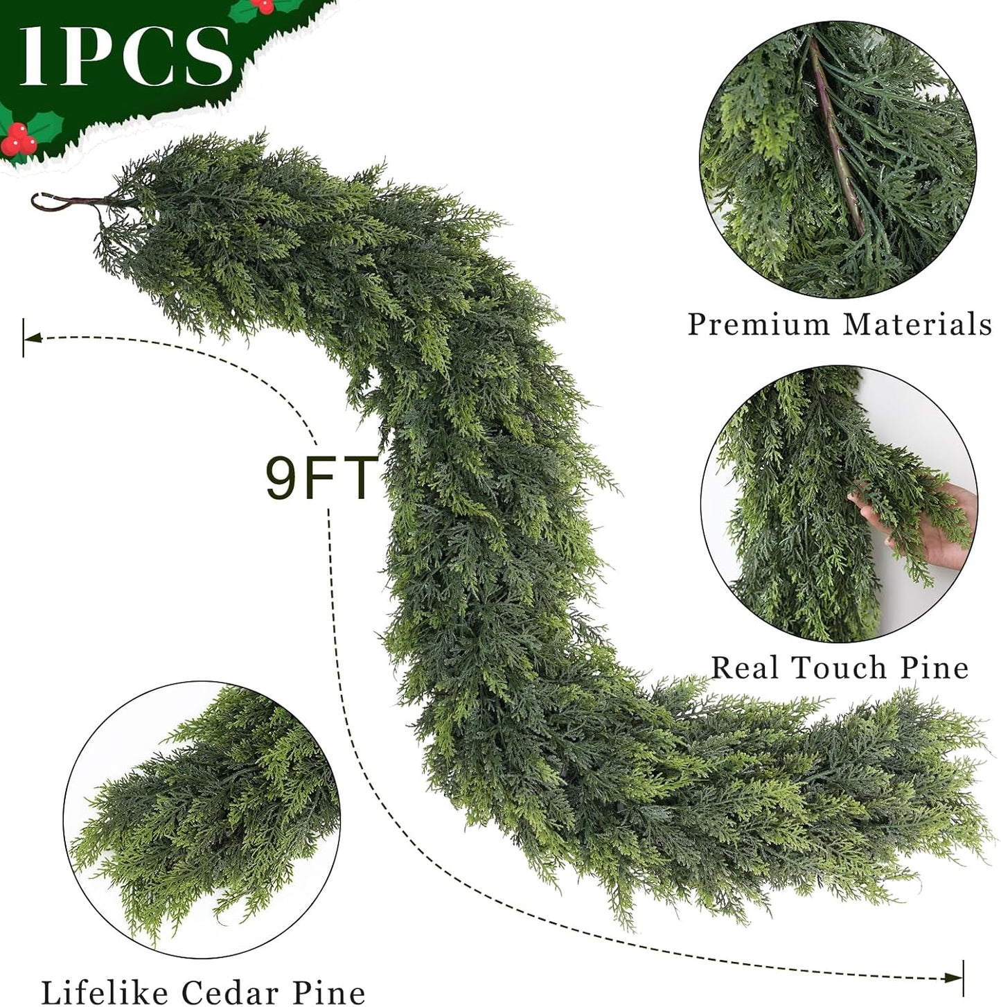 Real Touch Cedar Garland - Artificial Christmas Garlands Faux Green Cedar Fake Pine Needles Garland for Fireplace,Table, Stairs, Mantle, Window,Indoor Outdoor,Home,Holiday Decor(1 PCS,9 FT)