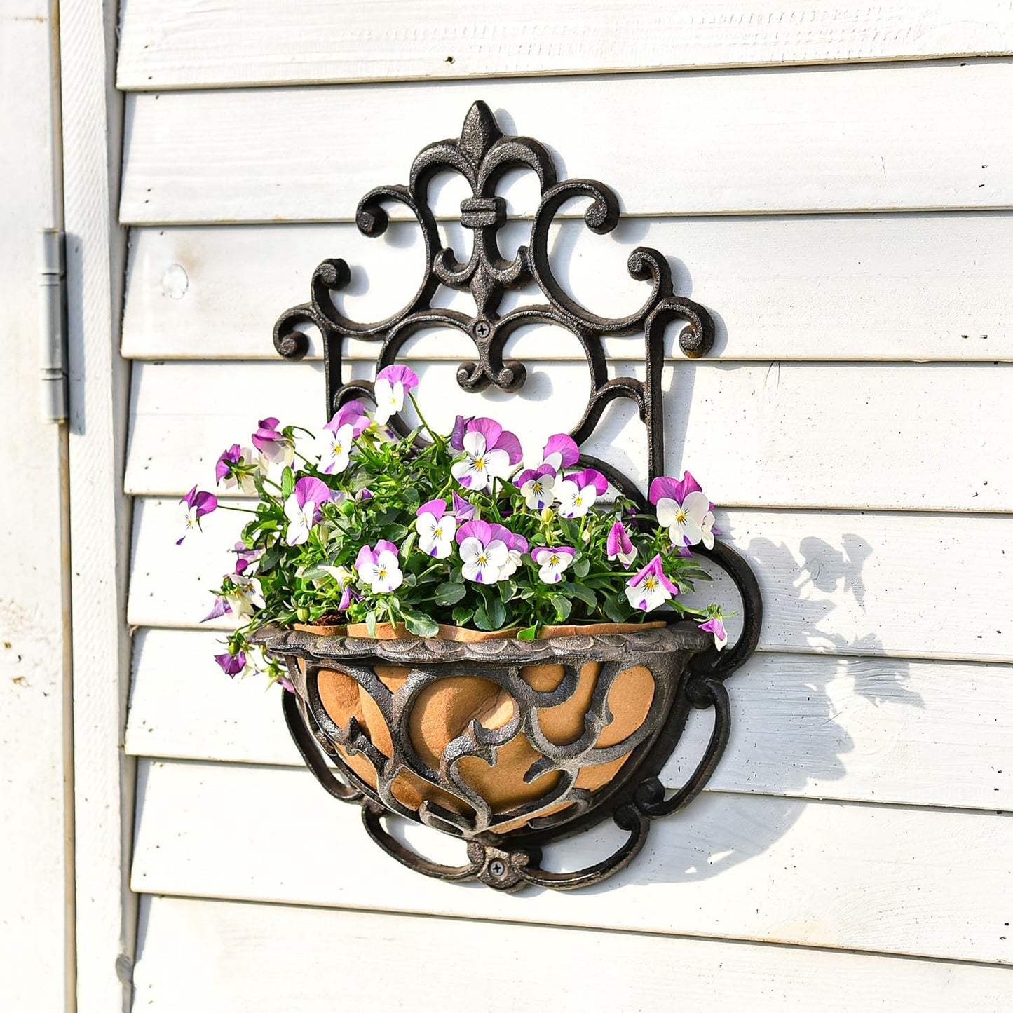 Sungmor 2 Pack Wall Hanging Planter Basket with Fabric Liner, Antique Victoria Style Cast Iron Wall Planter Holder, Outdoor Railing Fence Balcony Metal Hanging Basket Half Round Flower Pots