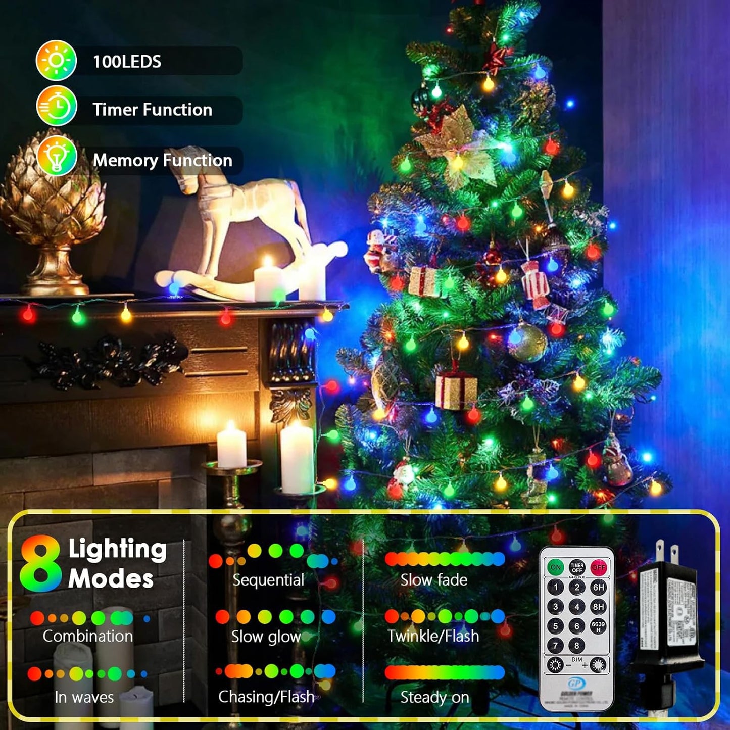 100LED Connectable String Lights Indoor Outdoor for Bedroom, 43ft Multicolor Fairy Lights with Remote & Timer, Plug in 8 Modes Waterproof Globe Hanging Twinkle Light for Room Classroom Wedding Decor
