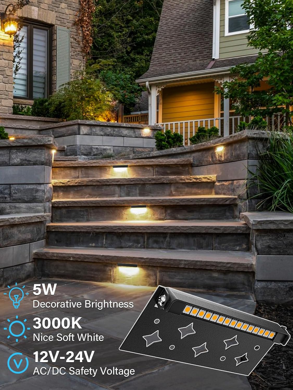 5W Retaining Wall Lights 7 inch LED Hardscape Lighting Low Voltage Landscape Paver Lights 12V 24V Step Lights Outdoor IP66 Waterproof 3000K Soft White Stair Deck Lighting (8 Pack+ Connectors