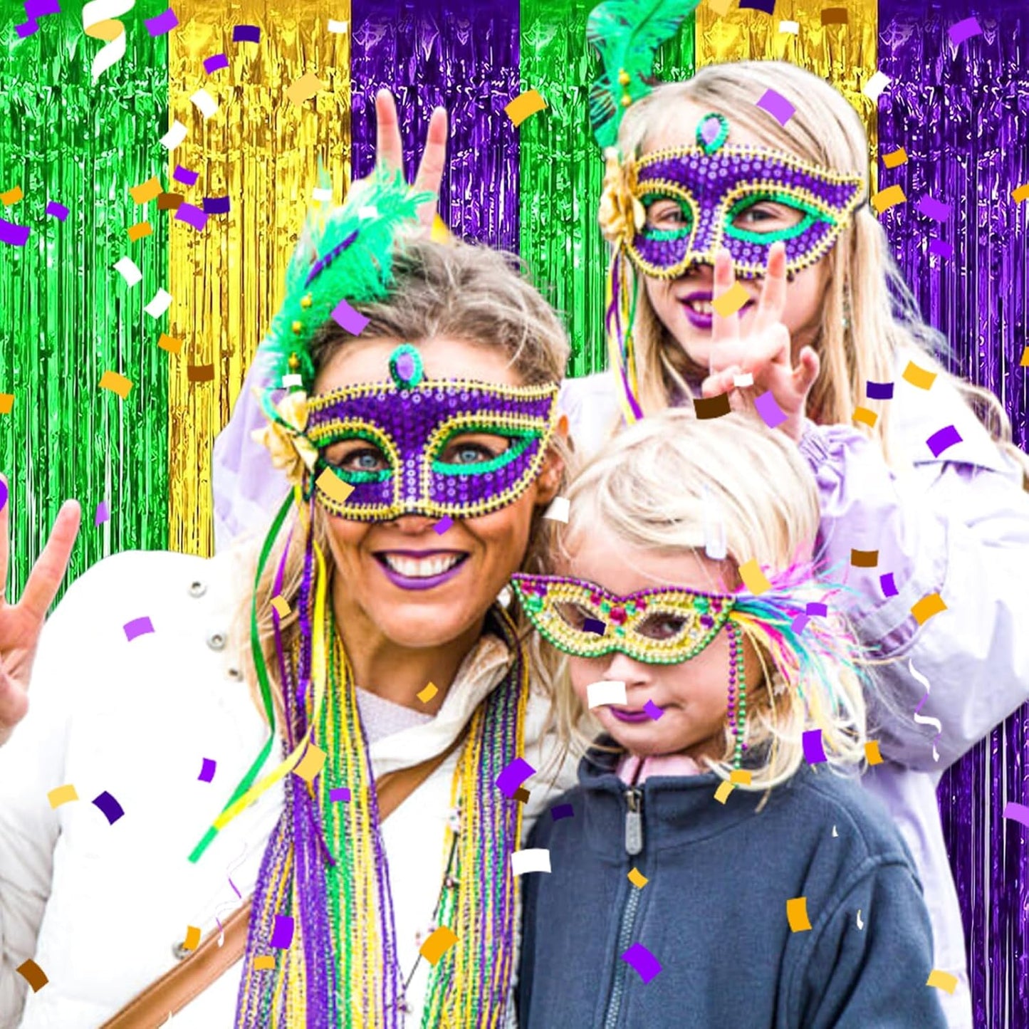 3 Pack Gold Green Purple Foil Fringe Curtain Backdrop, 3.28Ft x 8.2Ft Metallic Tinsel Foil Fringe Streamer Curtains for Photo Booth, Christmas Day, Thanksgiving, Wedding, New Year Party Decorations