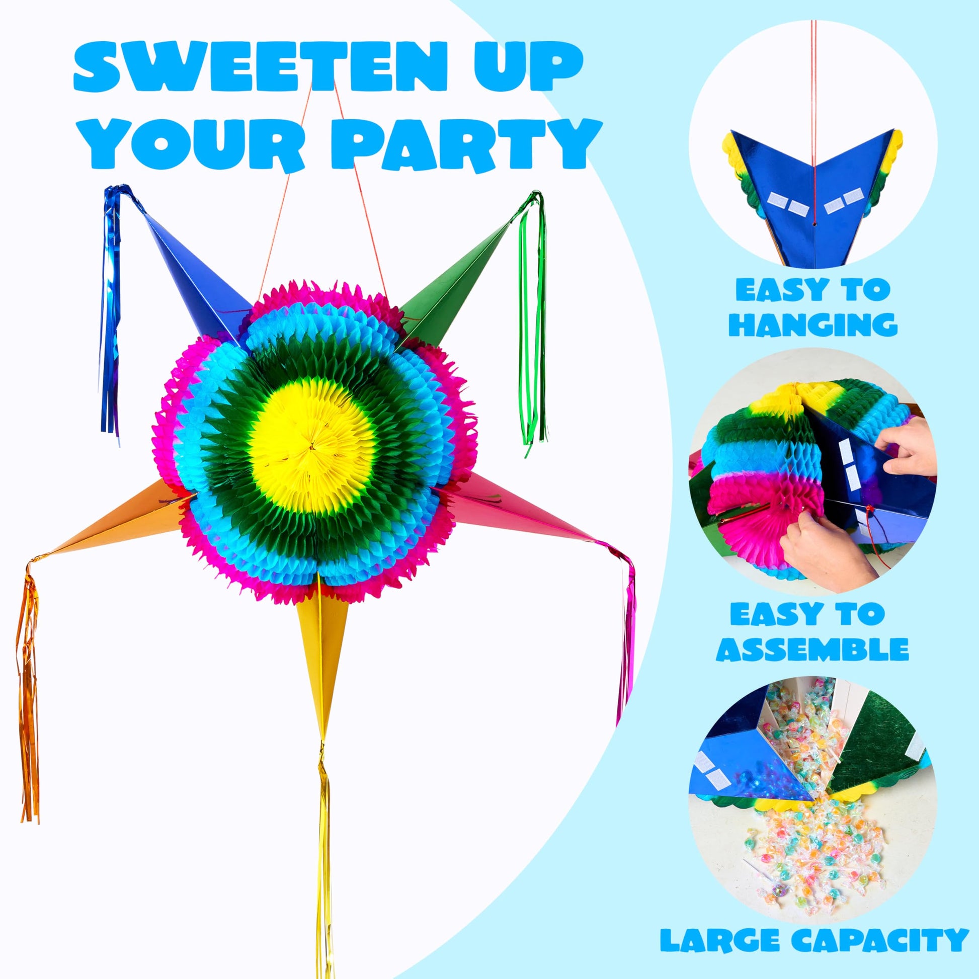 JOYIN 33 Inch Large Star Pinata, Foldable Mexican Fiesta Pinata with Vibrant Honeycomb Center