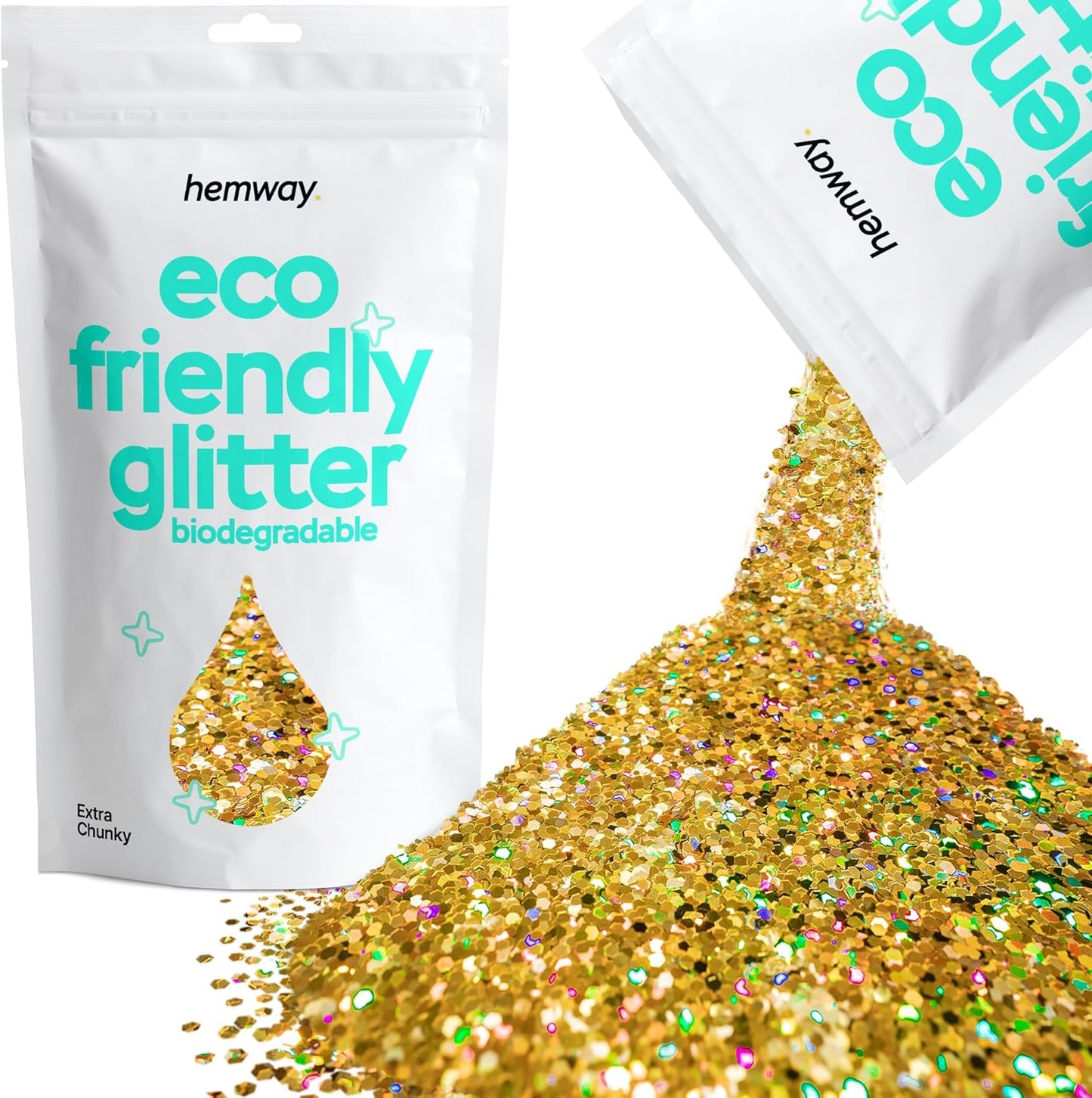 Hemway Eco Friendly Biodegradable Glitter 100g / 3.5oz Bio Cosmetic Safe Sparkle Vegan for Face, Eyeshadow, Body, Hair, Nail and Festival Makeup - Extra Chunky (1/24" 0.040" 1mm) - Gold Holographic
