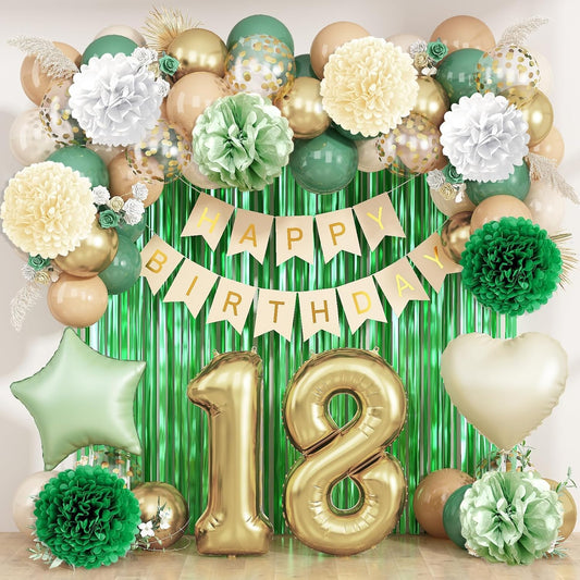 Sage Green 18th Birthday Decorations for Boys Girls Gold Number 18 Balloon Nude Gold Happy Birthday Banner Fringe Curtain Paper Pom Poms Olive Green Cream White Sand Star Foil Balloons Party Decor