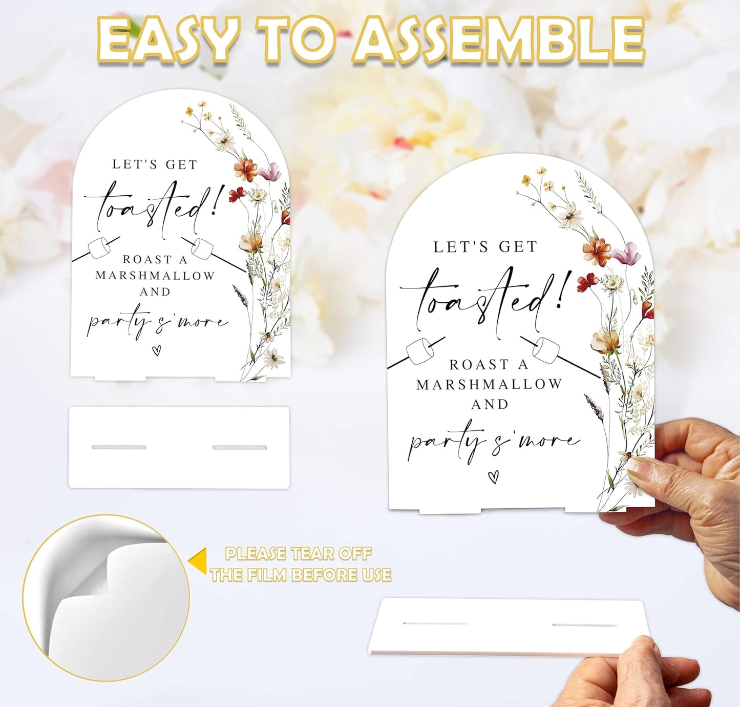 Boho Floral S'mores Bar Sign, 6 x 8 Inch White Arch Acrylic Wedding Sign with Holder, Wedding Sign for Ceremony and Reception, Wedding Decoration, Wedding Supplies - BX20