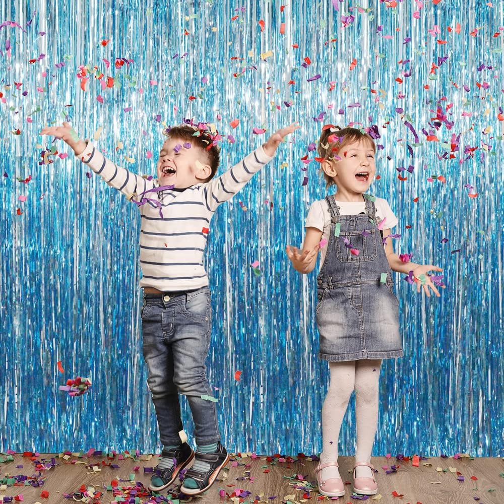 GOER 3.2 ft x 8.2 ft Metallic Tinsel Foil Fringe Curtains Party Photo Backdrop Party Streamers for Birthday,Graduation,New Year Eve Decorations Wedding Decor (Light Blue,3 pcs)